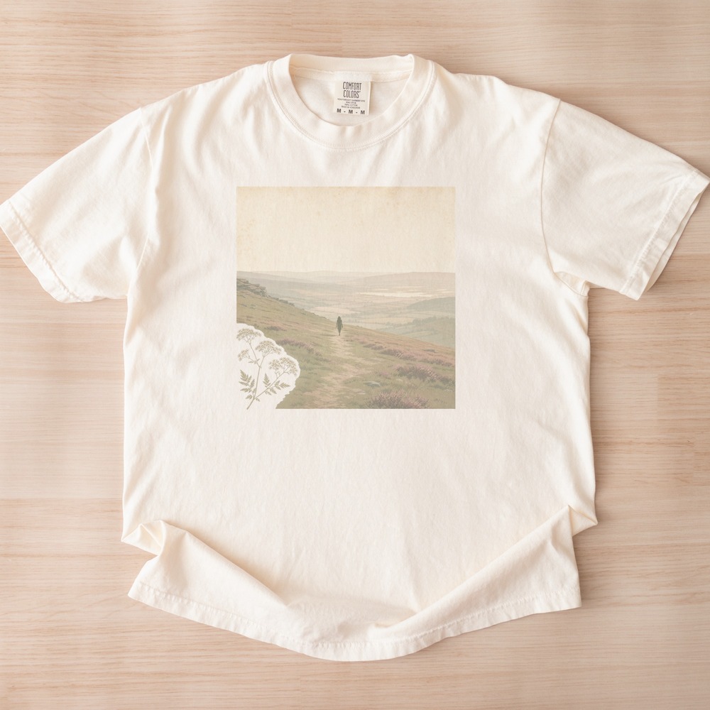 Woman Walking the Heather Ridge Above a Patchwork Valley Tee
